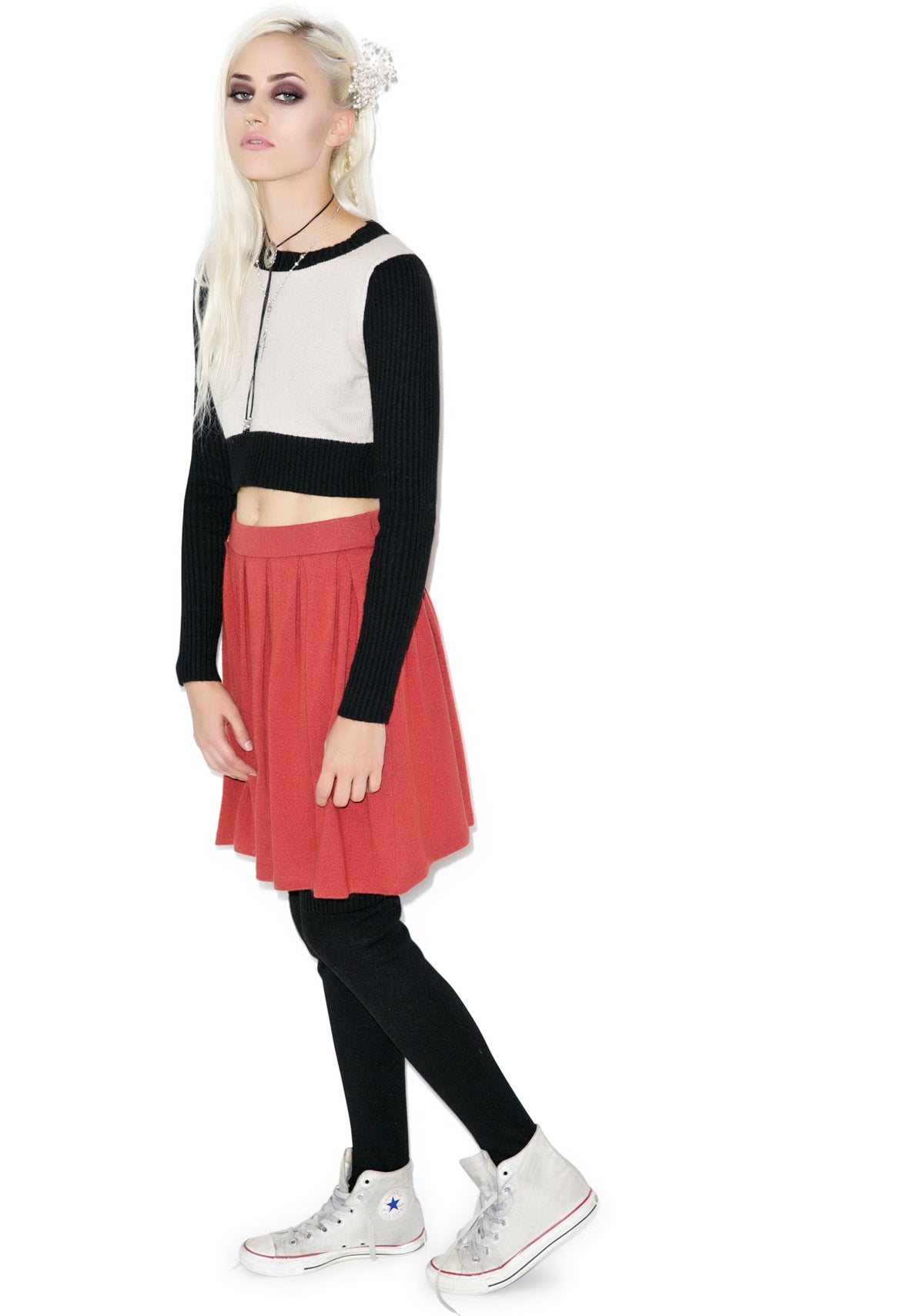 Solid Color Pleated Skirt - Light Red