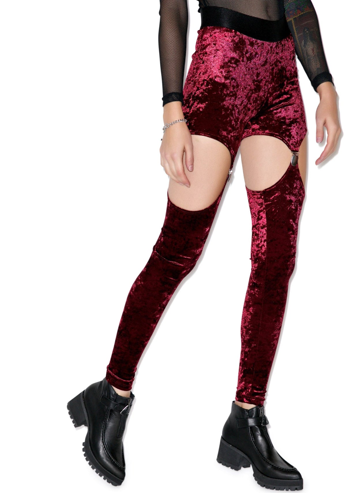 Crushed Velvet Garter Leggings - Black