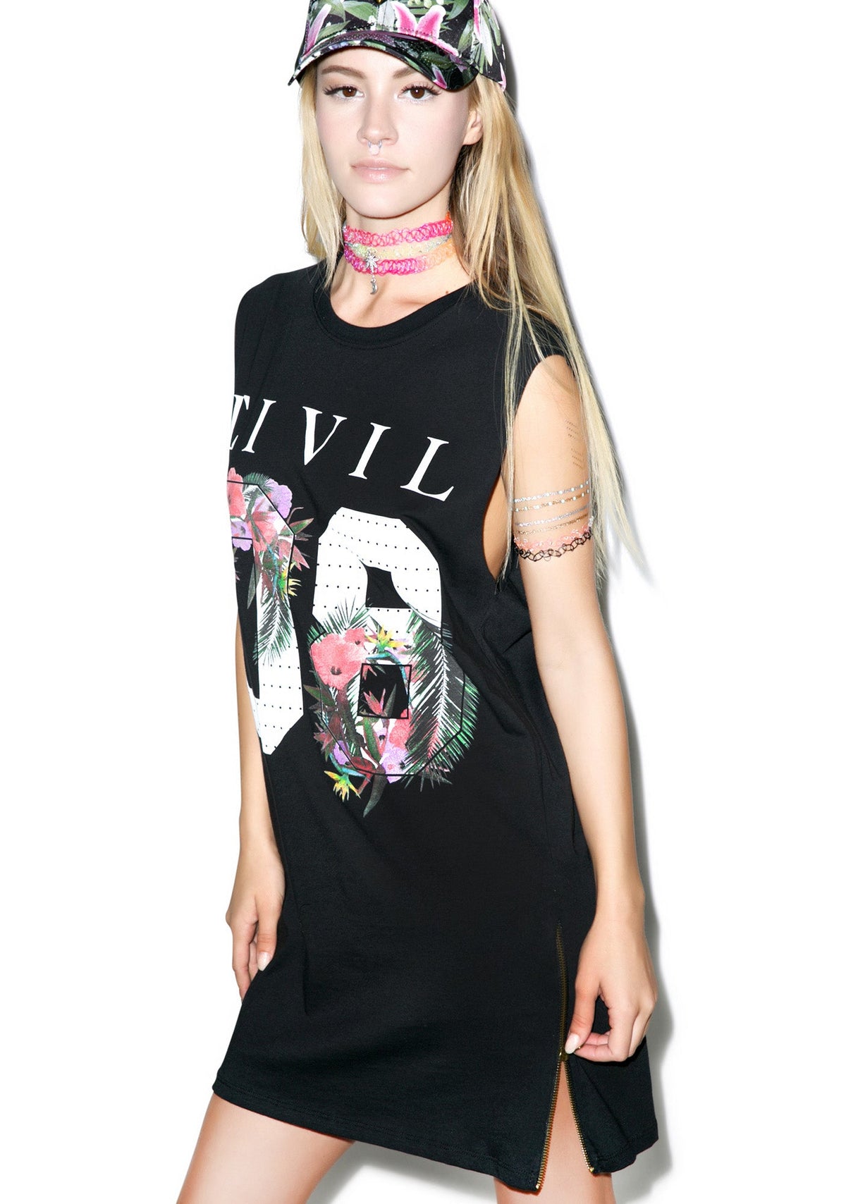 Floral 08 Long Zip Muscle Tee - White