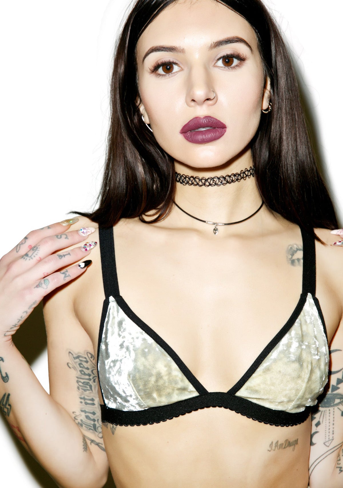 Velvet Triangle Bralette Bikini Top - Silver