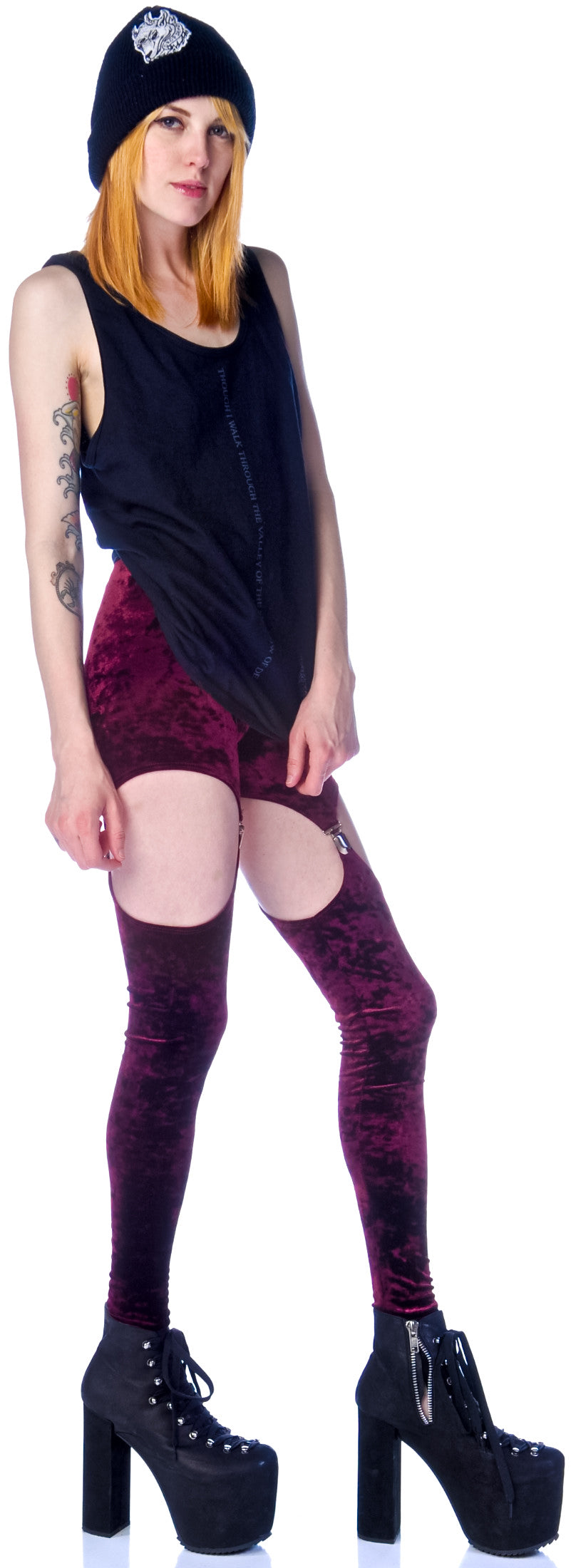 Crushed Velvet Garter Leggings - Dark Purple