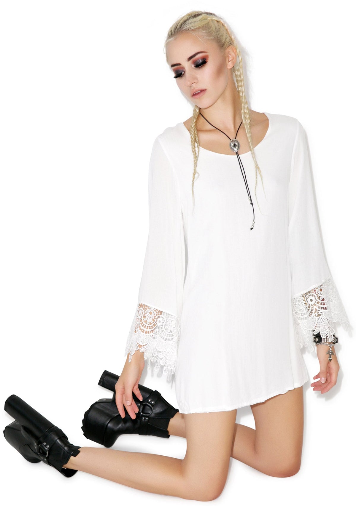 Hippy Bell Sleeve Dress - White