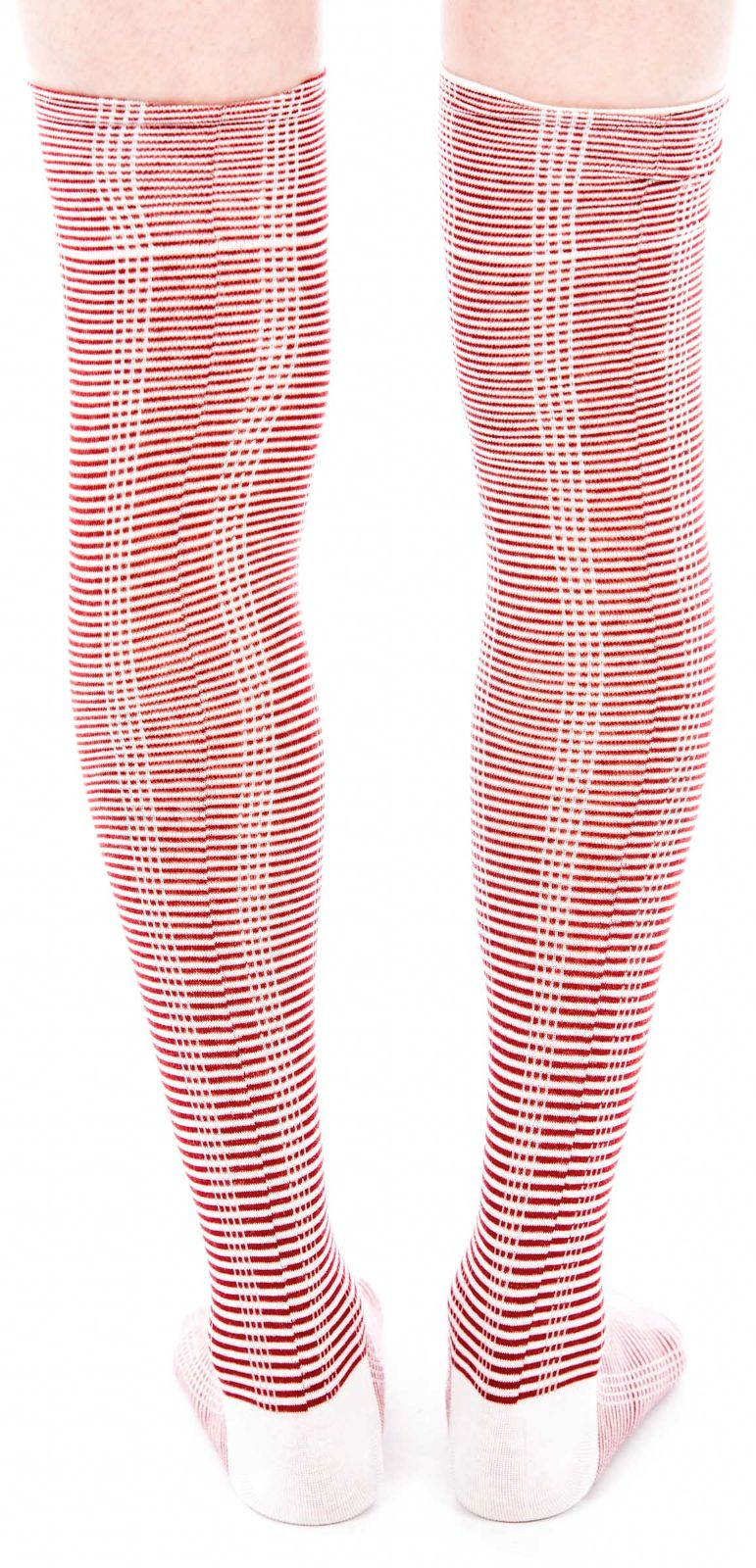 Striped Thigh High Socks - Red