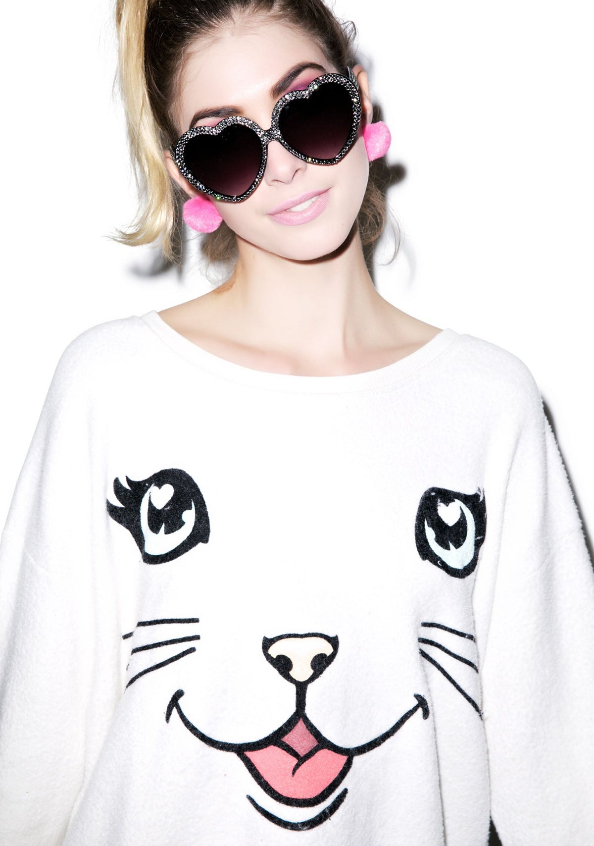 Happy Cat Oversized Sweatshirt - White