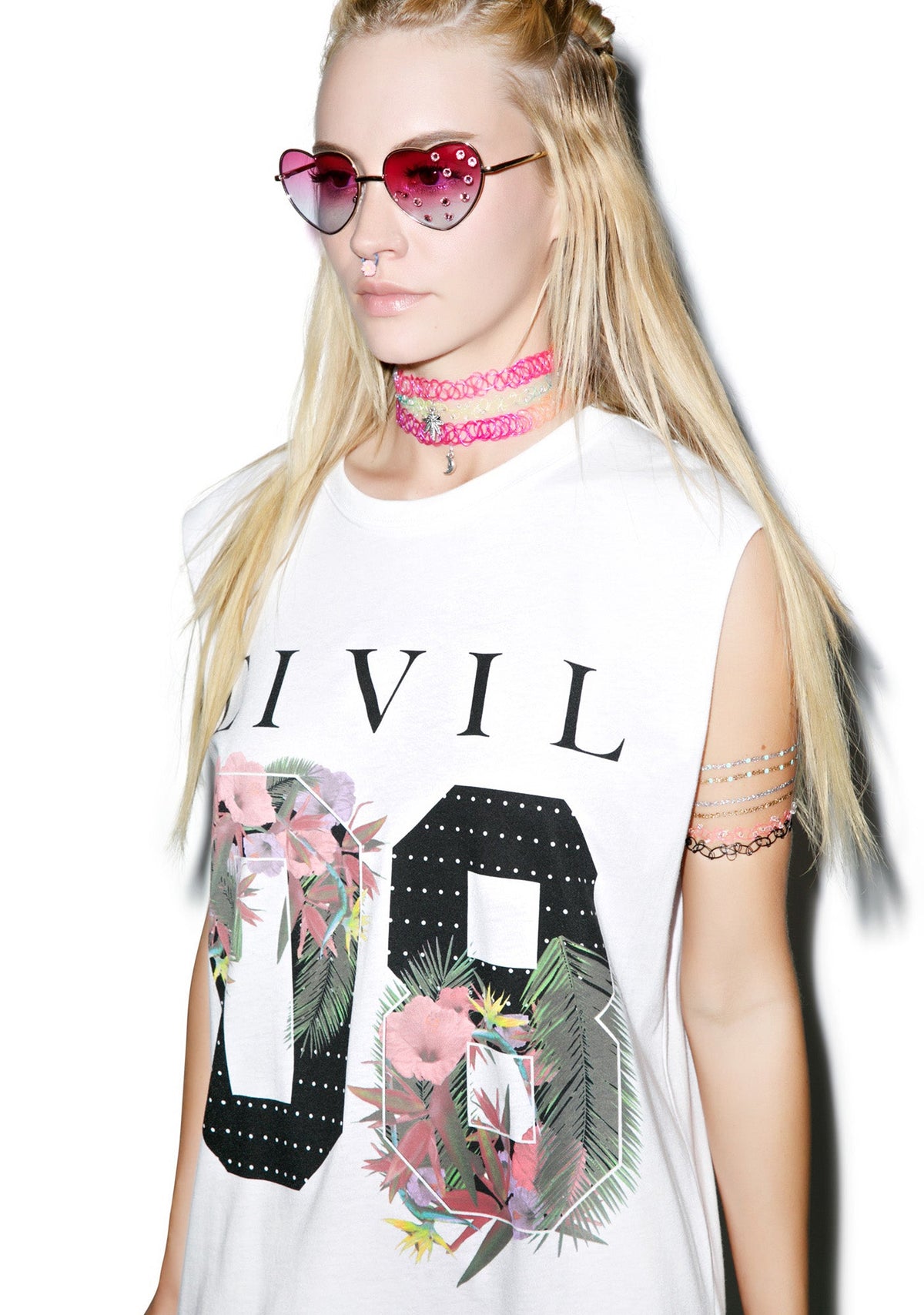 Floral 08 Long Zip Muscle Tee - White