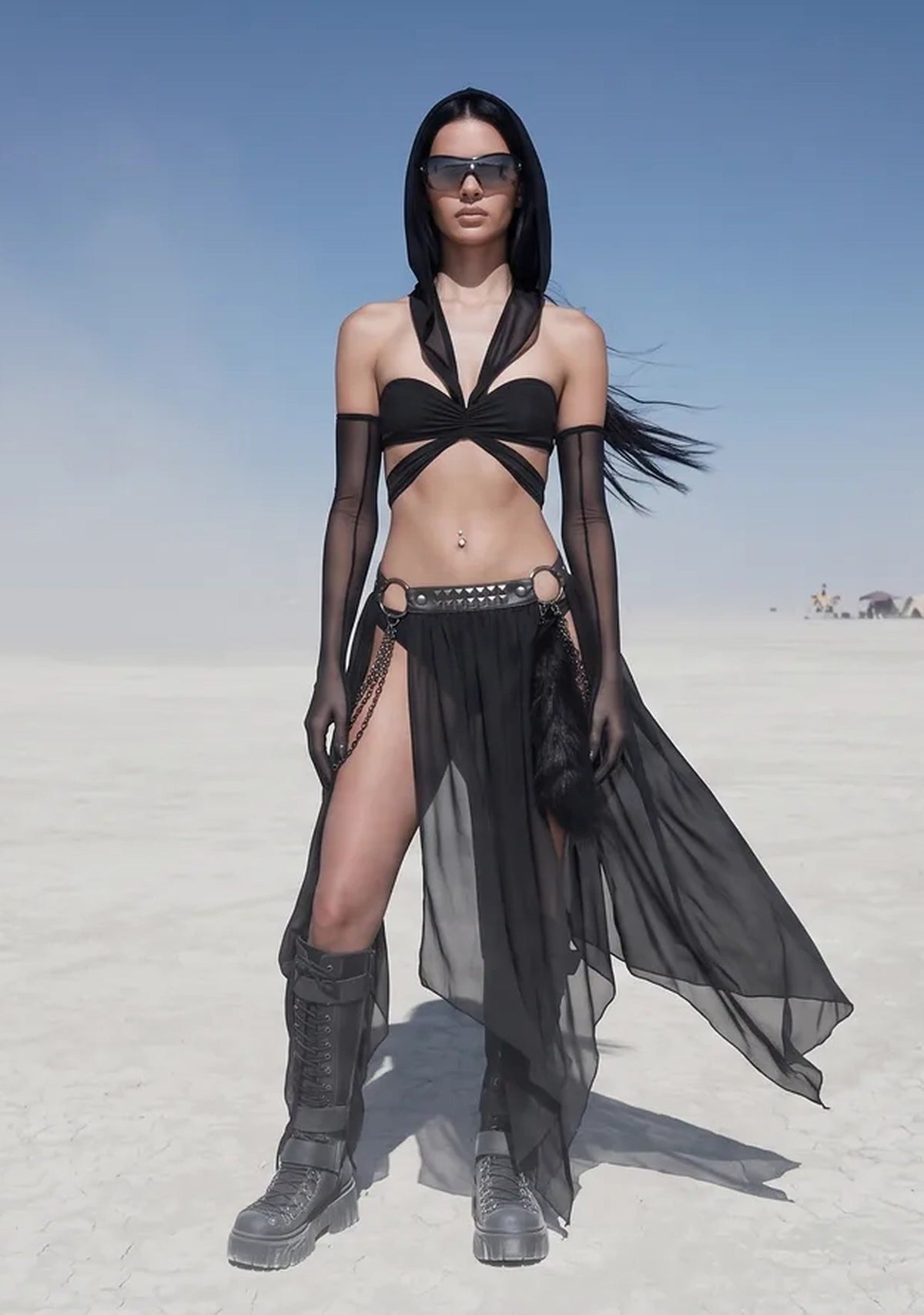 Dark Goddess Hooded Mesh Wrap Top with Gloves