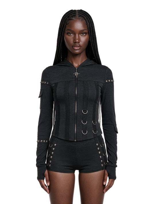 Remix Zip Fitted Hoodie With Hardware - Gray