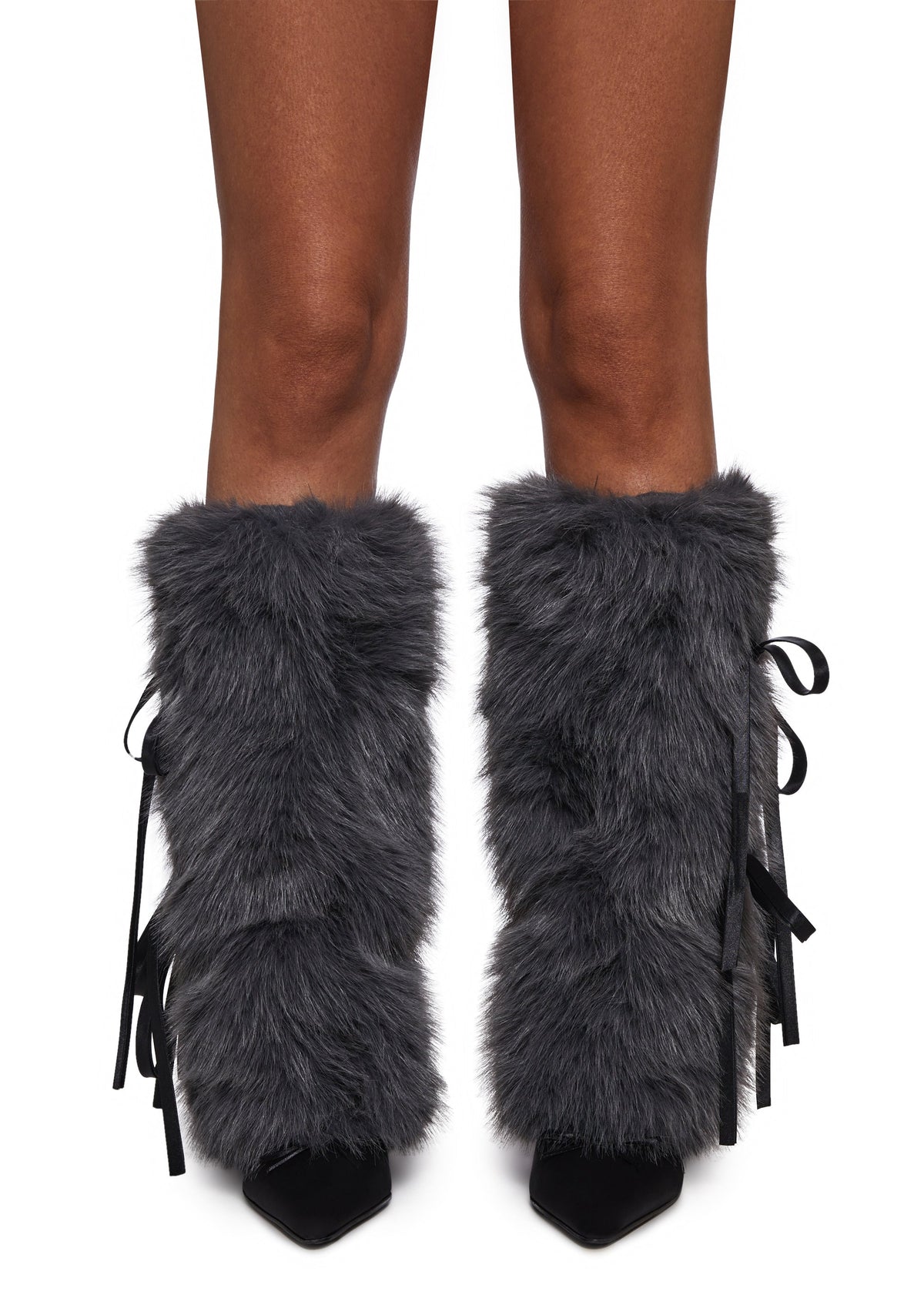 Midnight Muse Bow Faux Fur Warmers - Gray