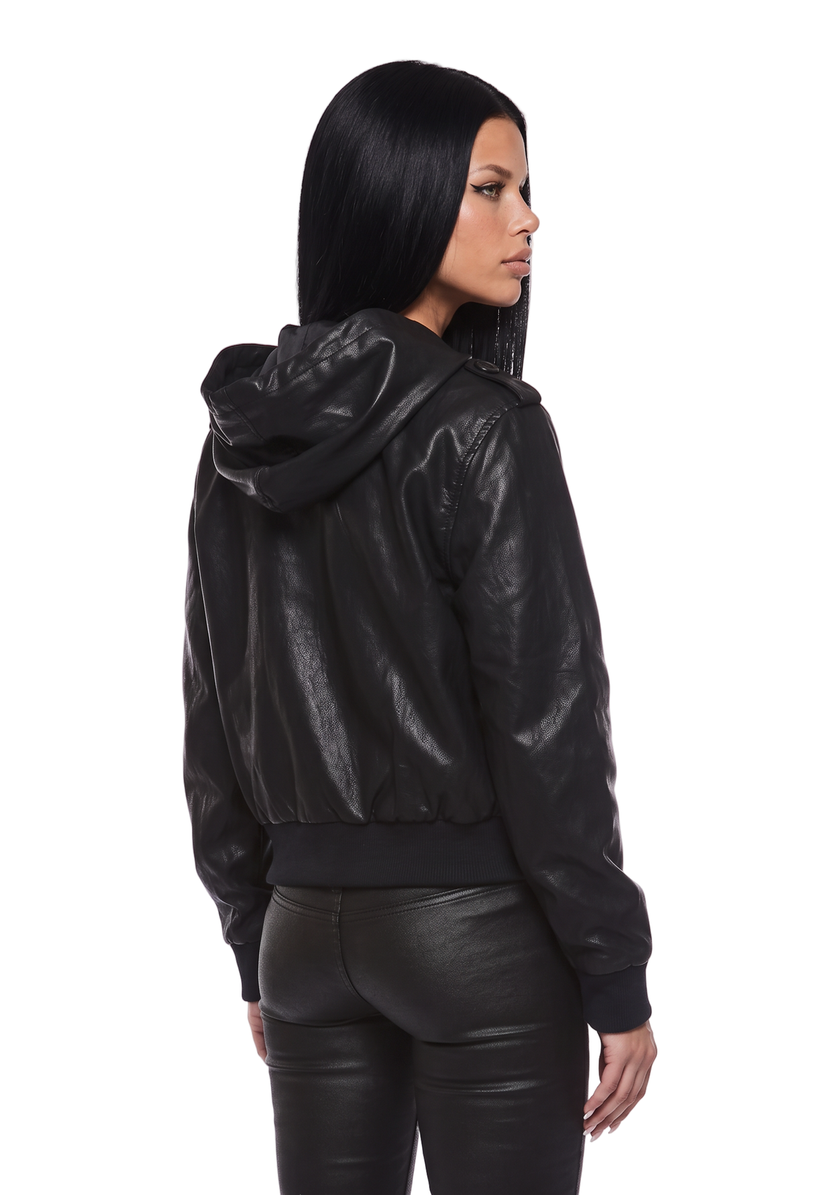 Military Leather Hooded Bomber