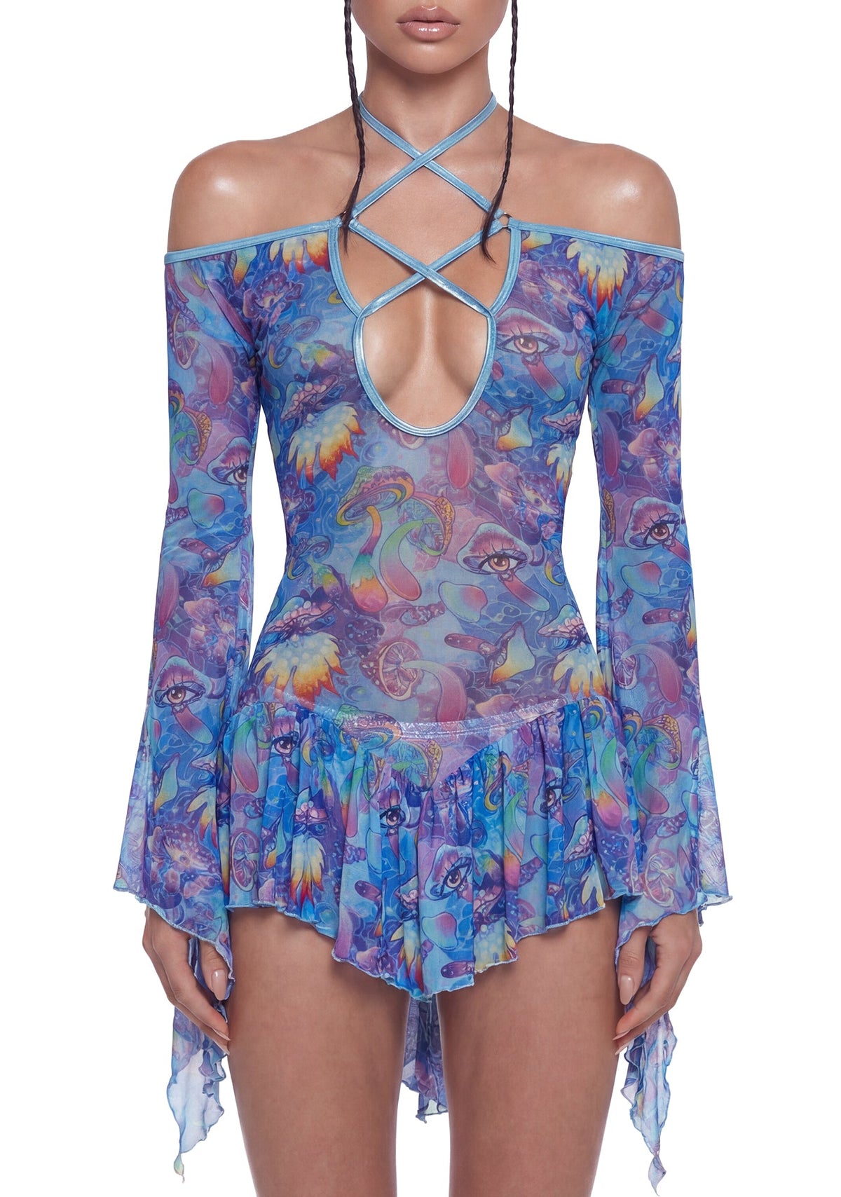Mushroom Print Mesh Flowy Dress - Blue