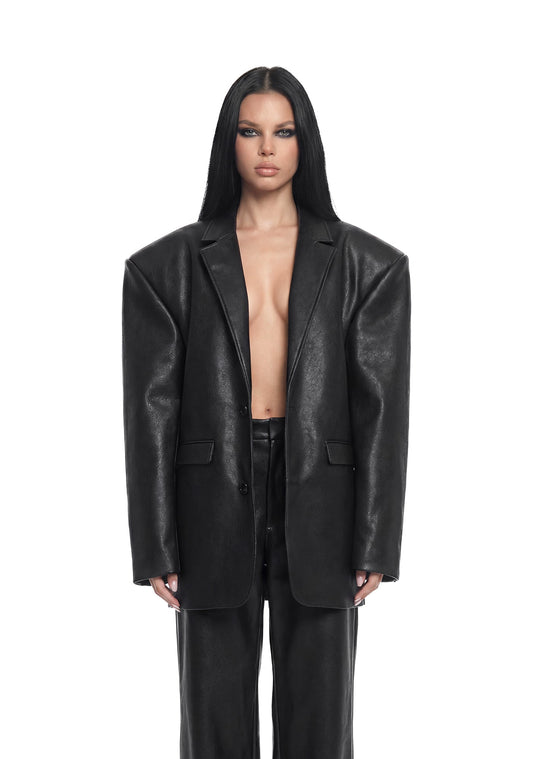 Leather Oversize Blazer - Black