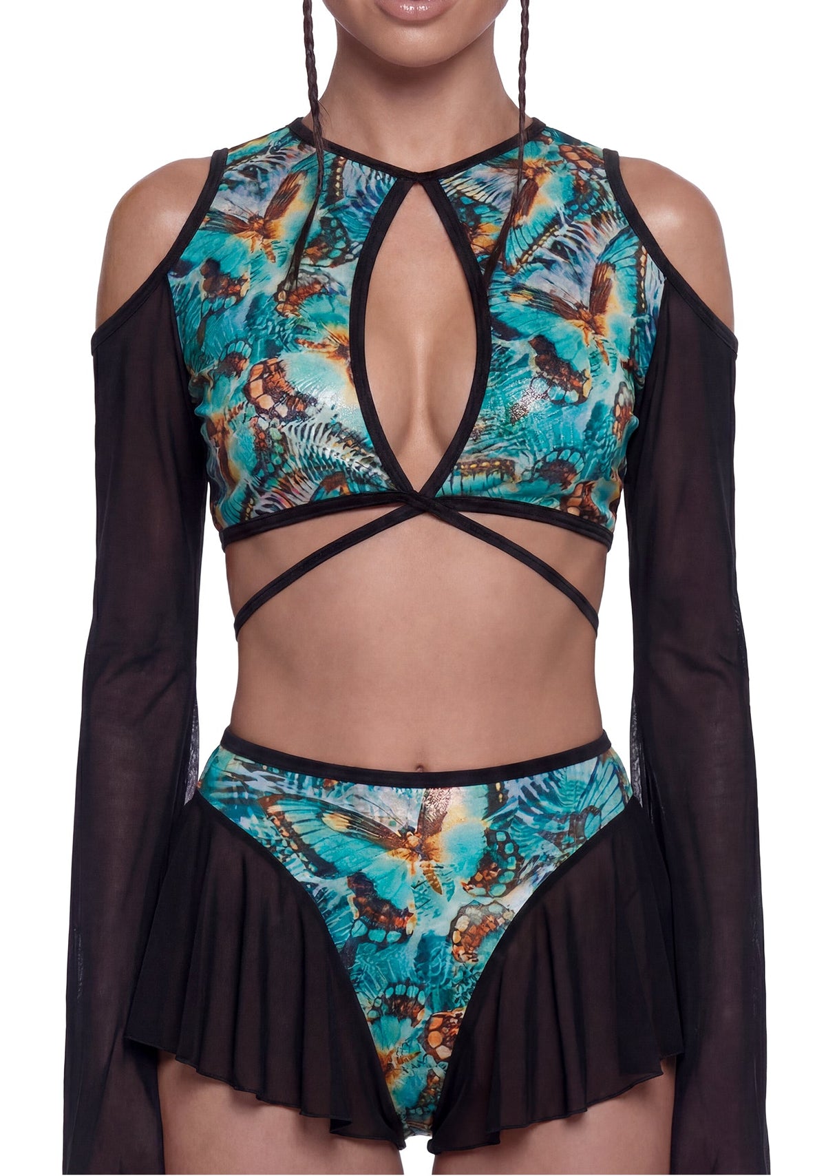Butterfly Print Cut Out Top - Teal/Black