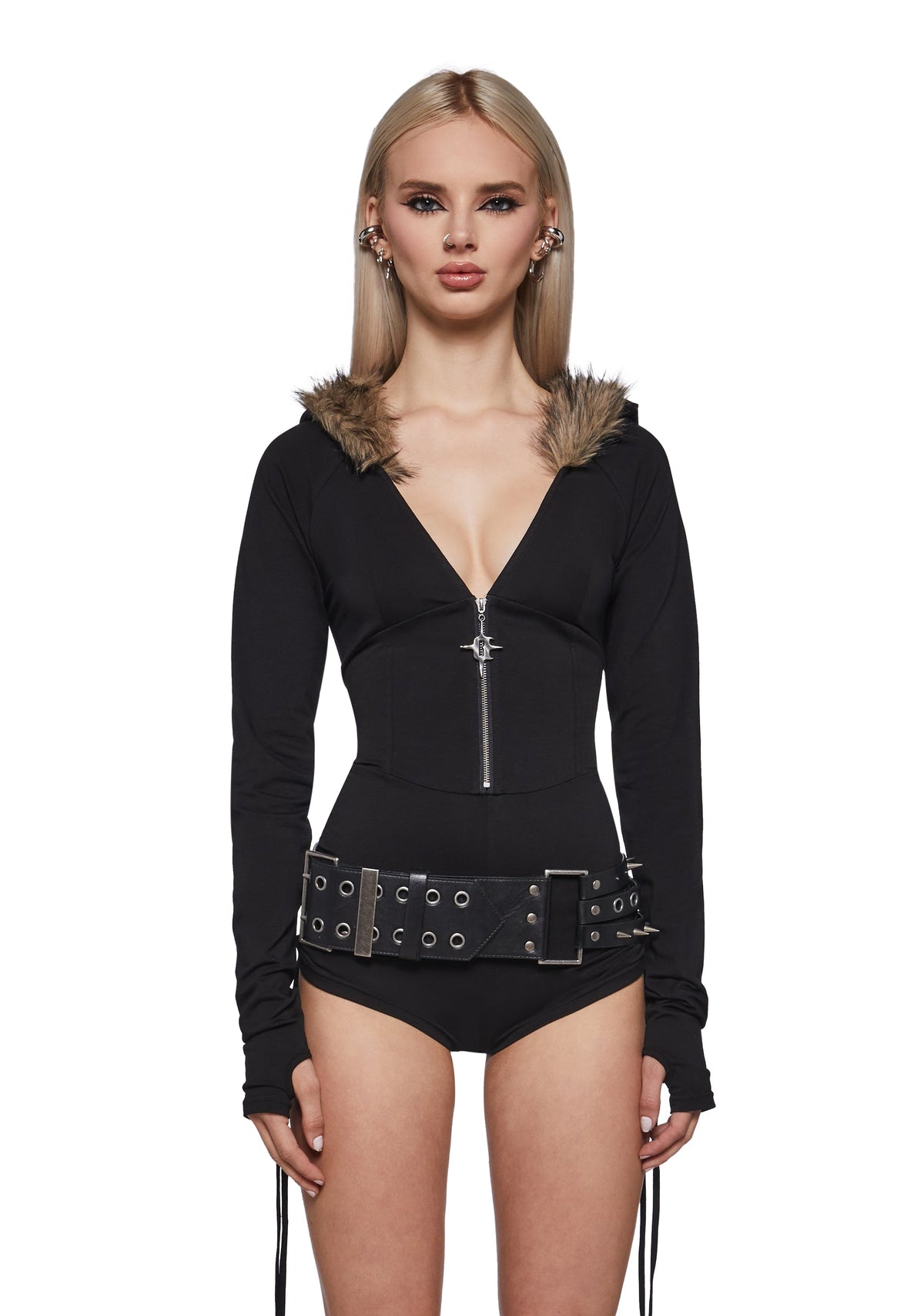 Siren Fur Hood Long Sleeve Romper - Black