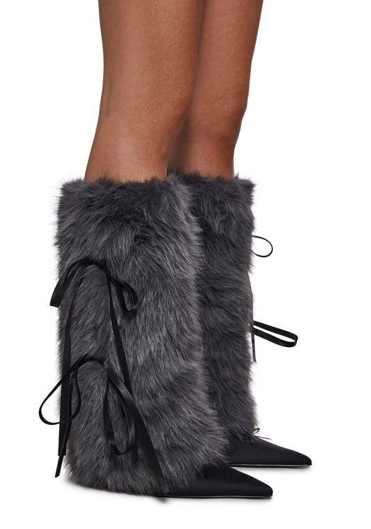 Midnight Muse Bow Faux Fur Warmers - Gray