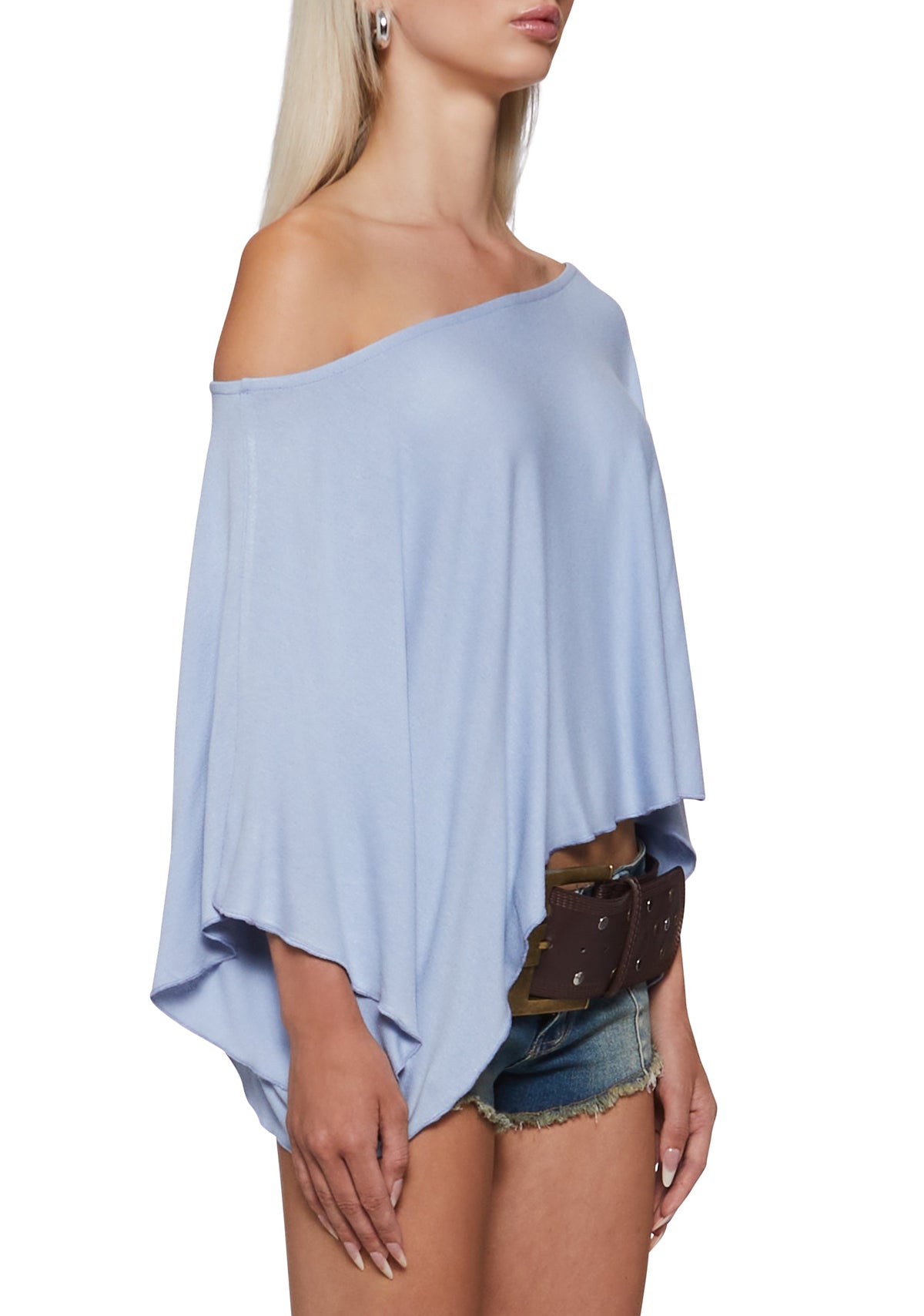 Leah Off The Shoulder Knit Poncho - Blue