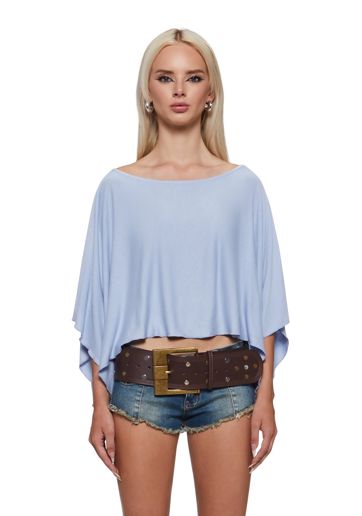Leah Off The Shoulder Knit Poncho - Blue