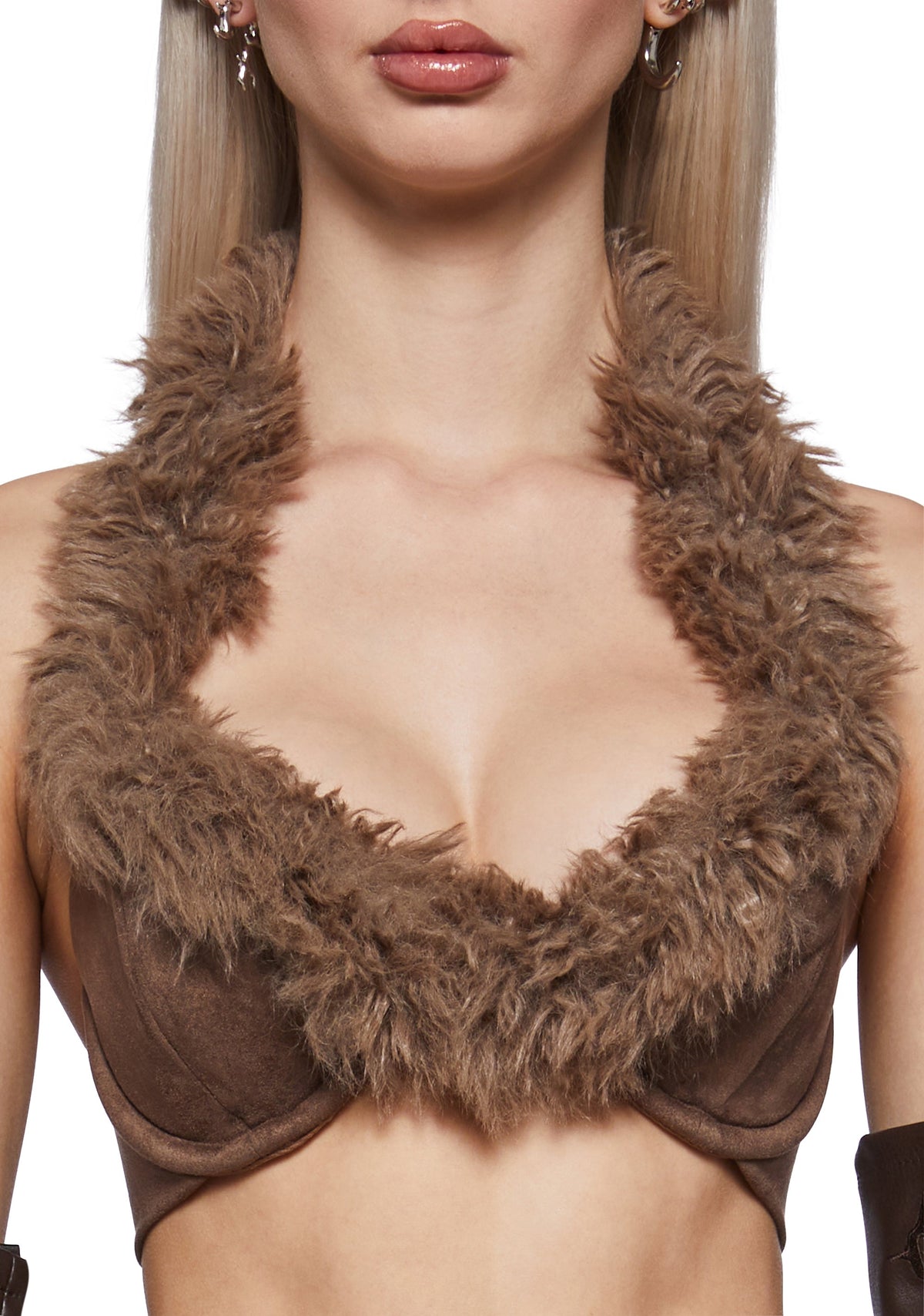 Siren Fur Trim Suede Halter Bra Top