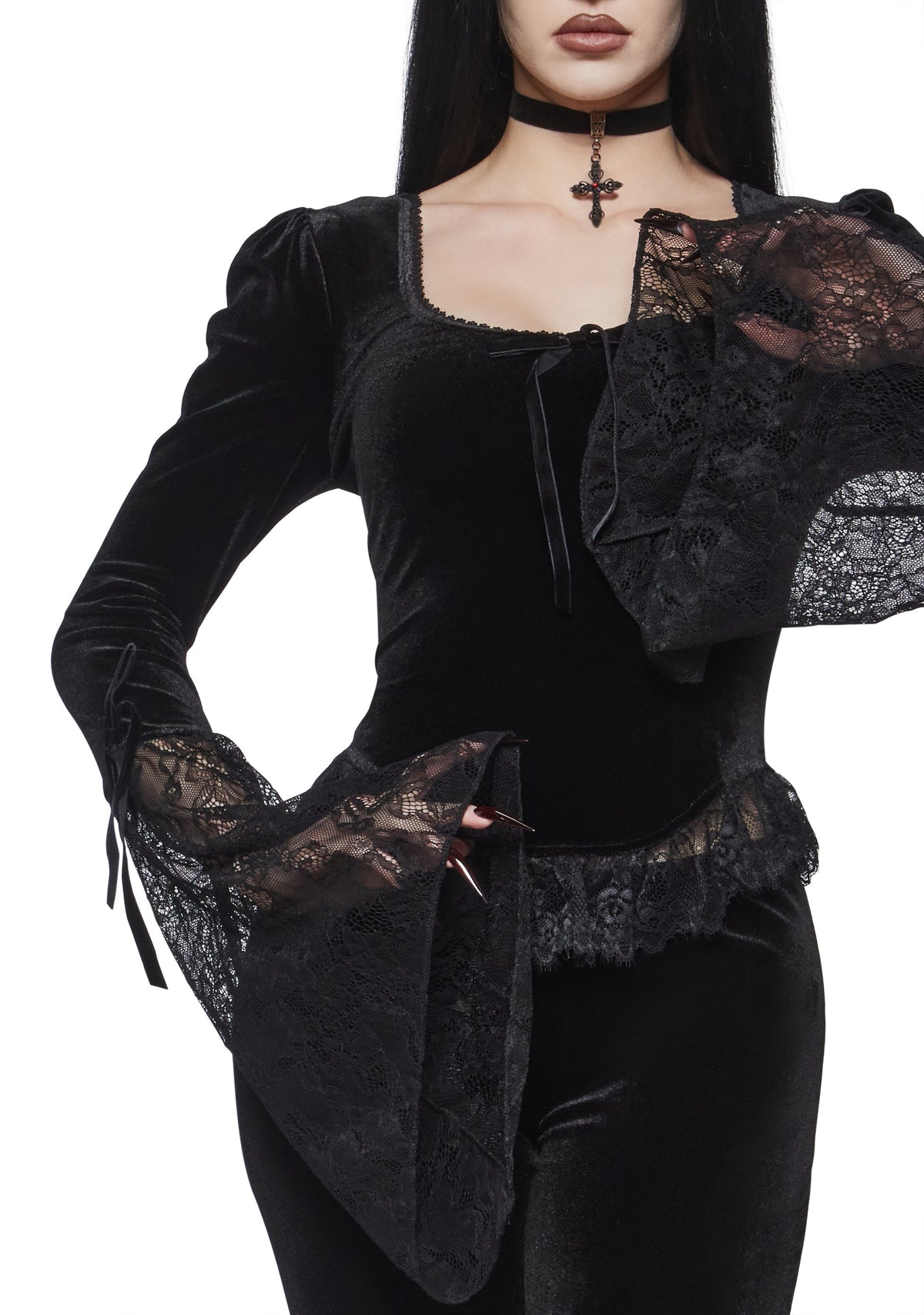 Full Vampire Velvet Long Sleeve Blouse - Black