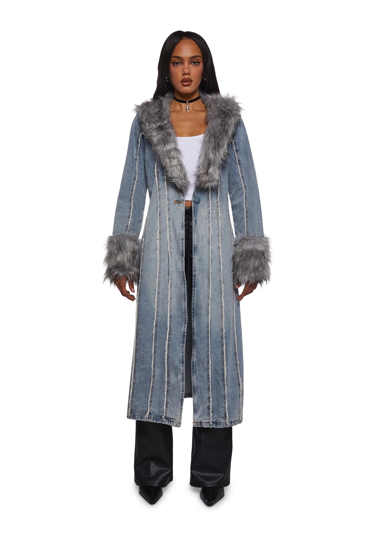 Off Beat Charm Denim Maxi Coat - Light Blue