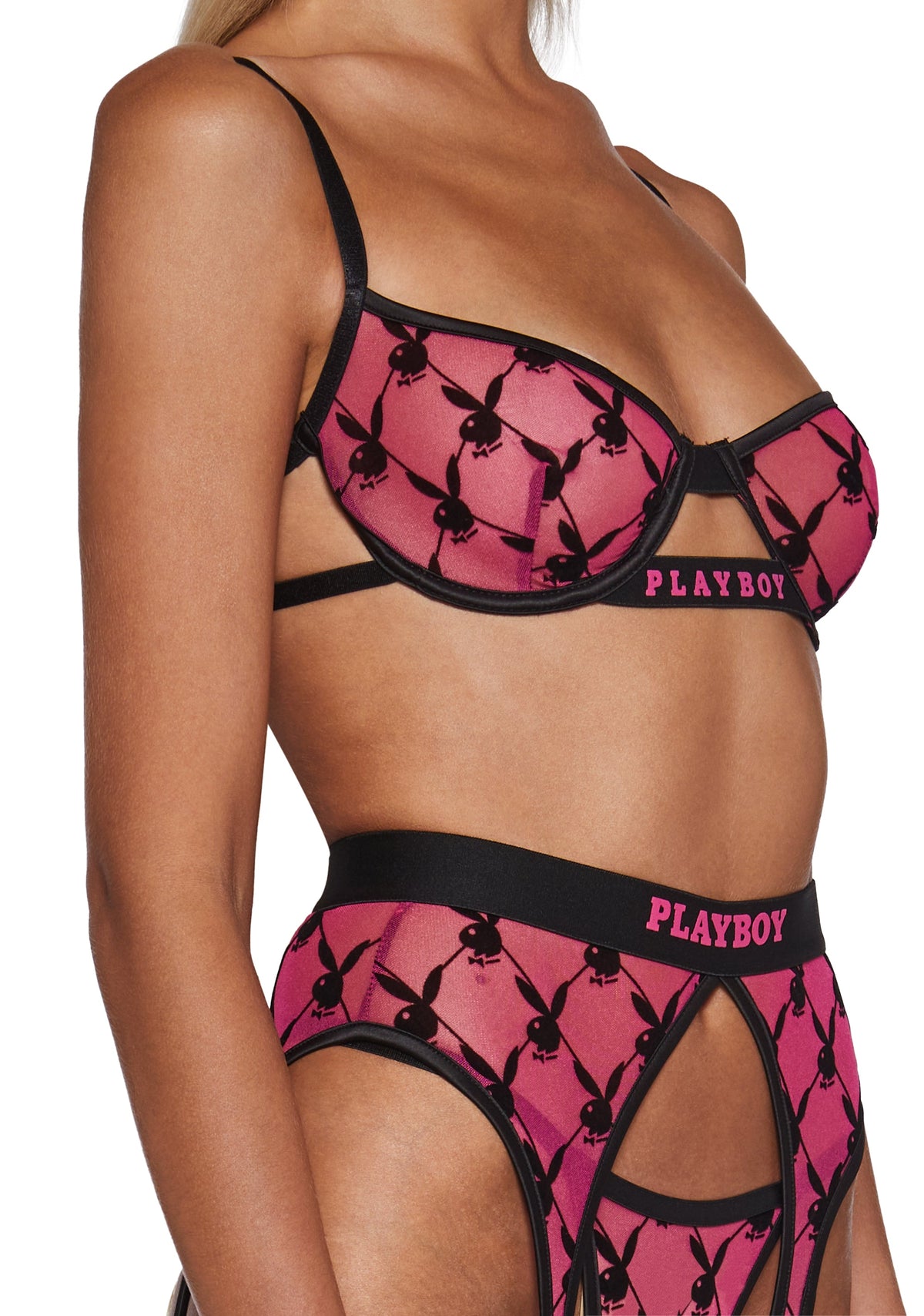 Playboy Flocked Bunny Chaps Set - Pink/Black