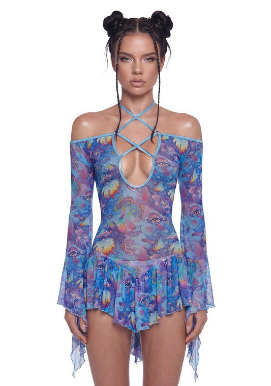 Mushroom Print Mesh Flowy Dress - Blue