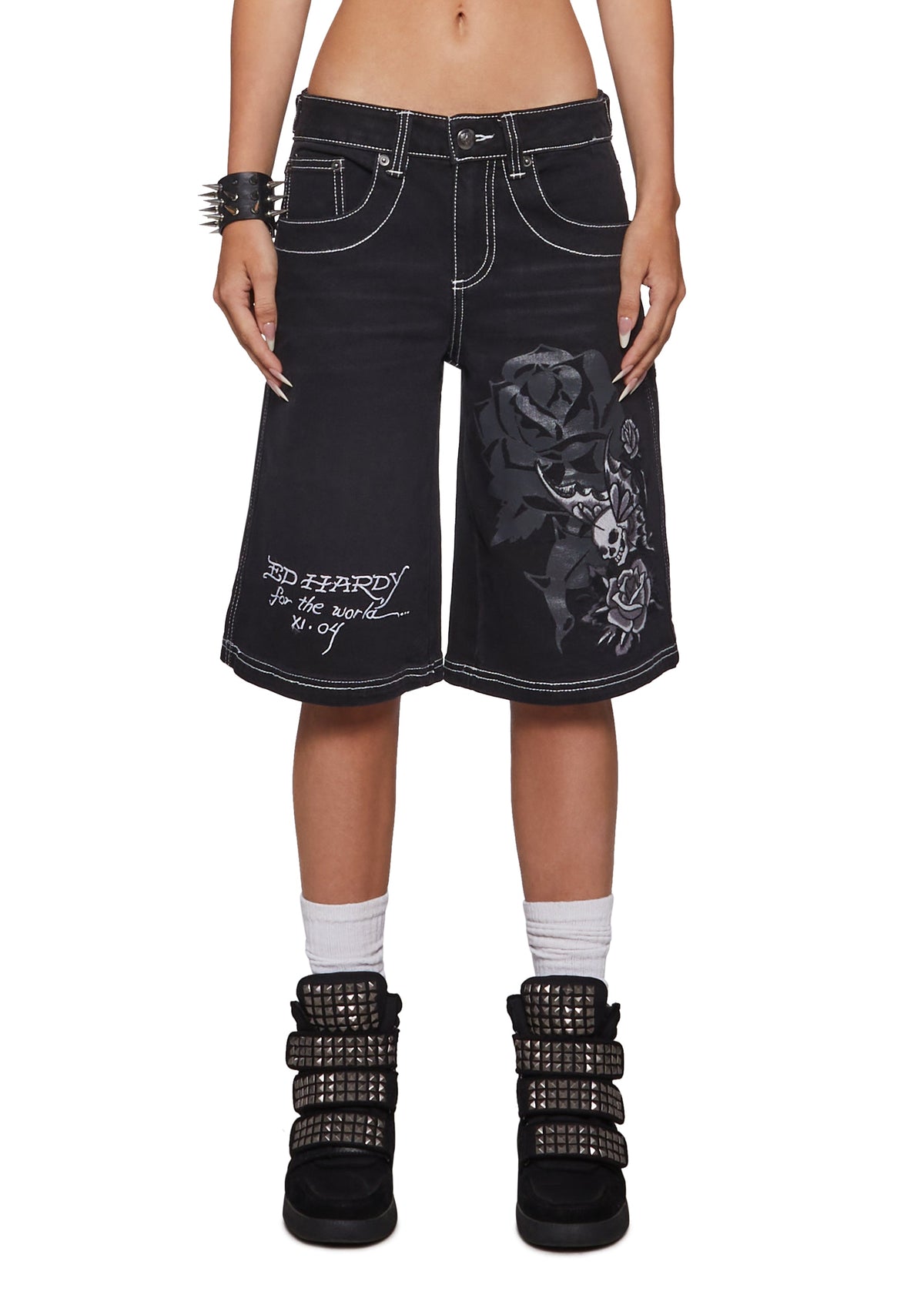 Butterfly Skull Embroidered Jort