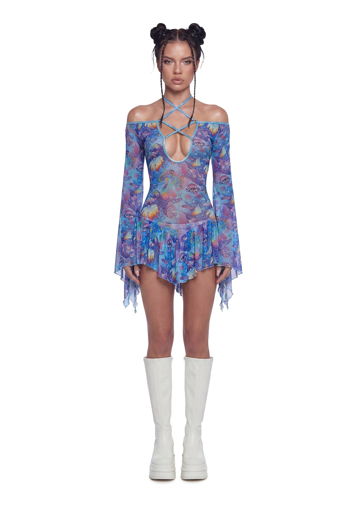 Mushroom Print Mesh Flowy Dress - Blue