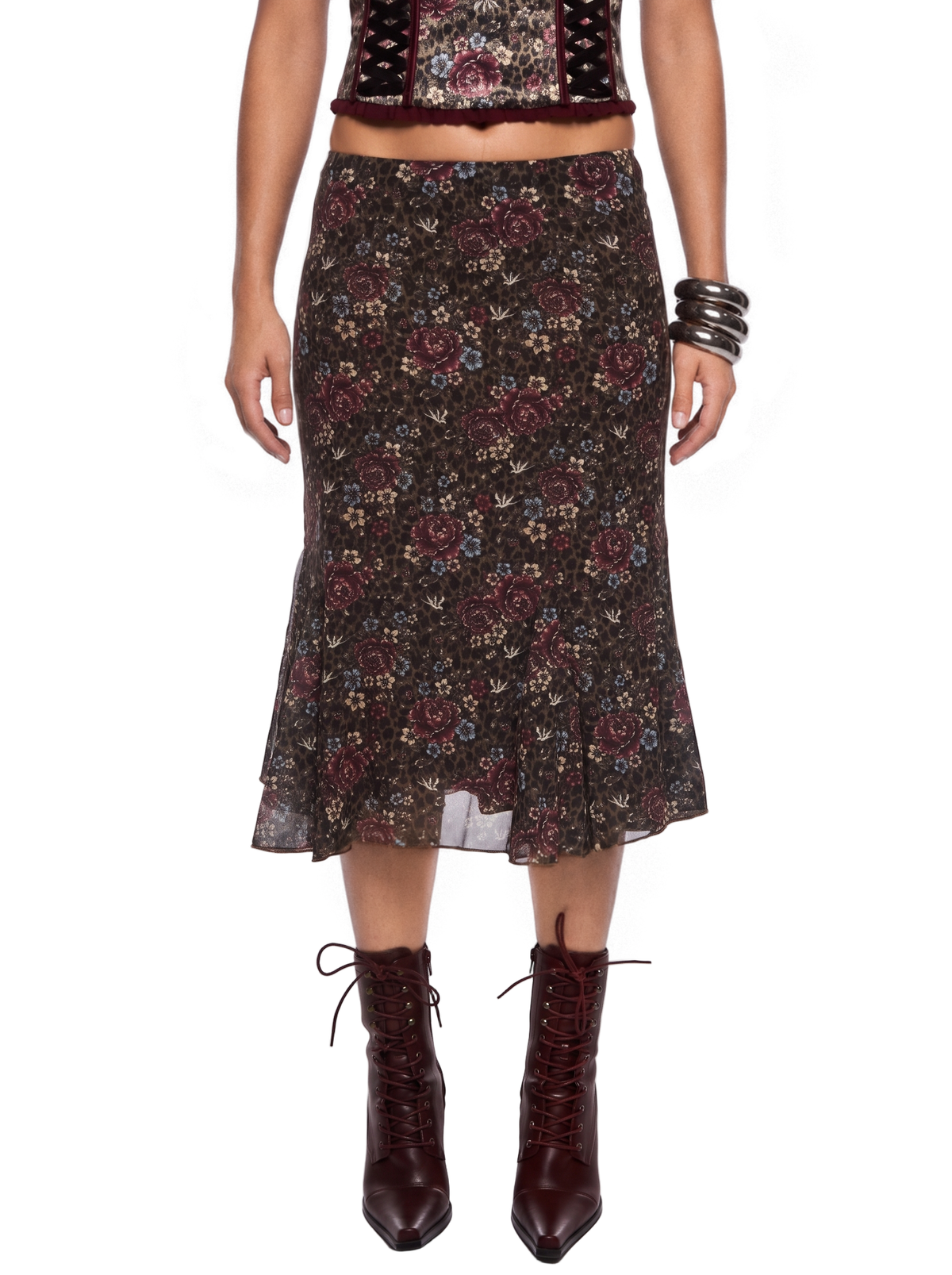 Leopard Garden Godet Midi Skirt