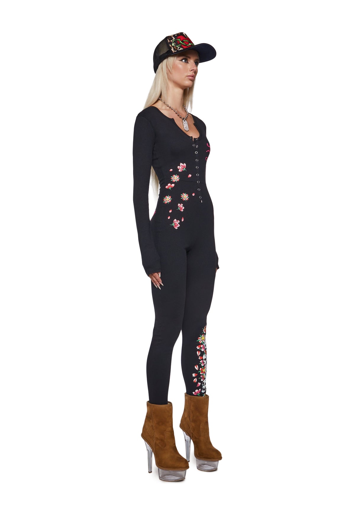 Flower Skull Long Sleeve PJ Onesie - Black