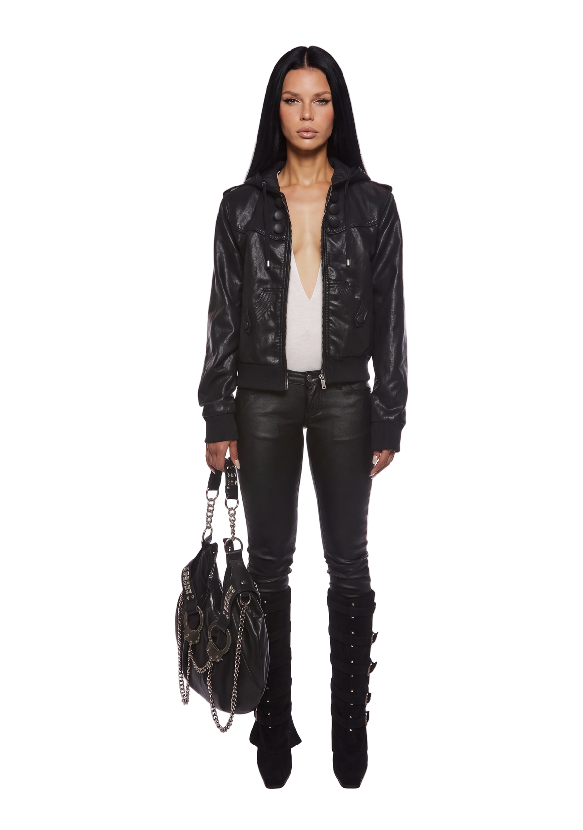 Military Leather Hooded Bomber