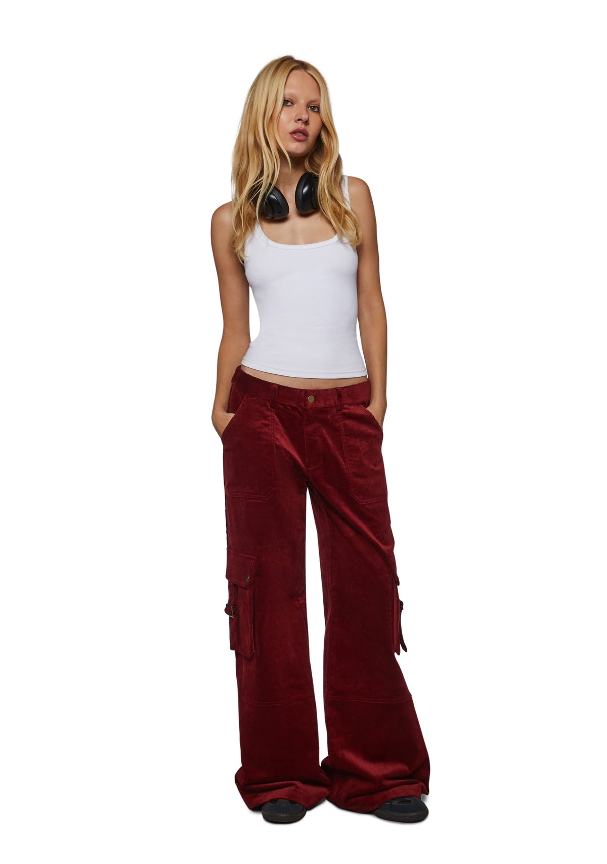 Cherry Corduroy Low Waisted Cargo Pants