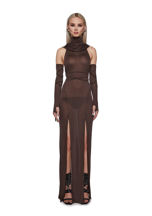 Siren Hooded Slit Maxi Dress - Brown