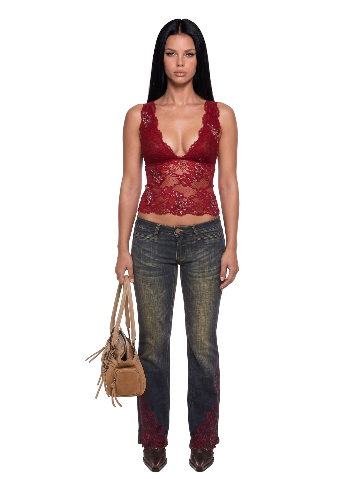 Vicki Beaded Lace Tank Top - Red