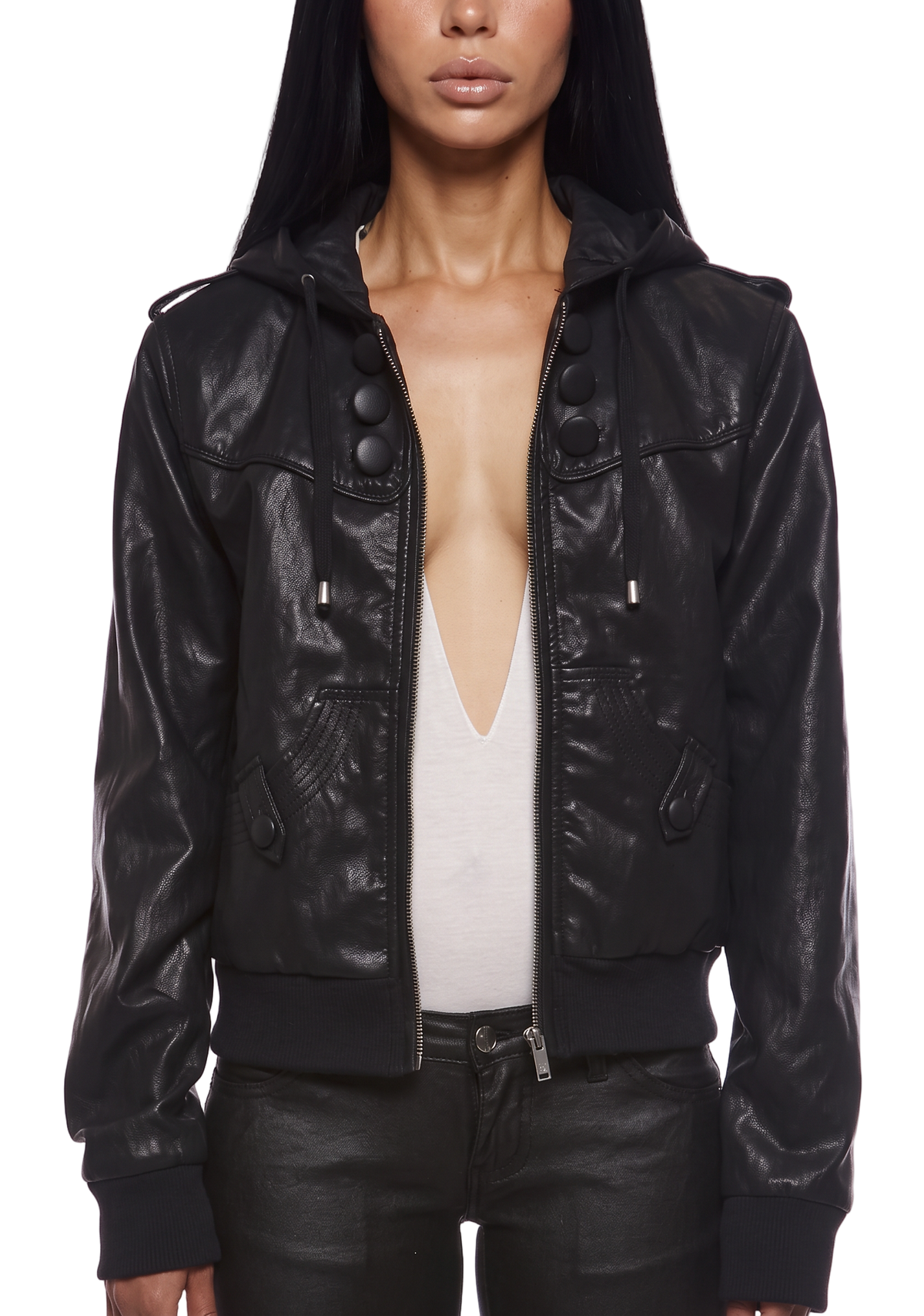 Military Leather Hooded Bomber