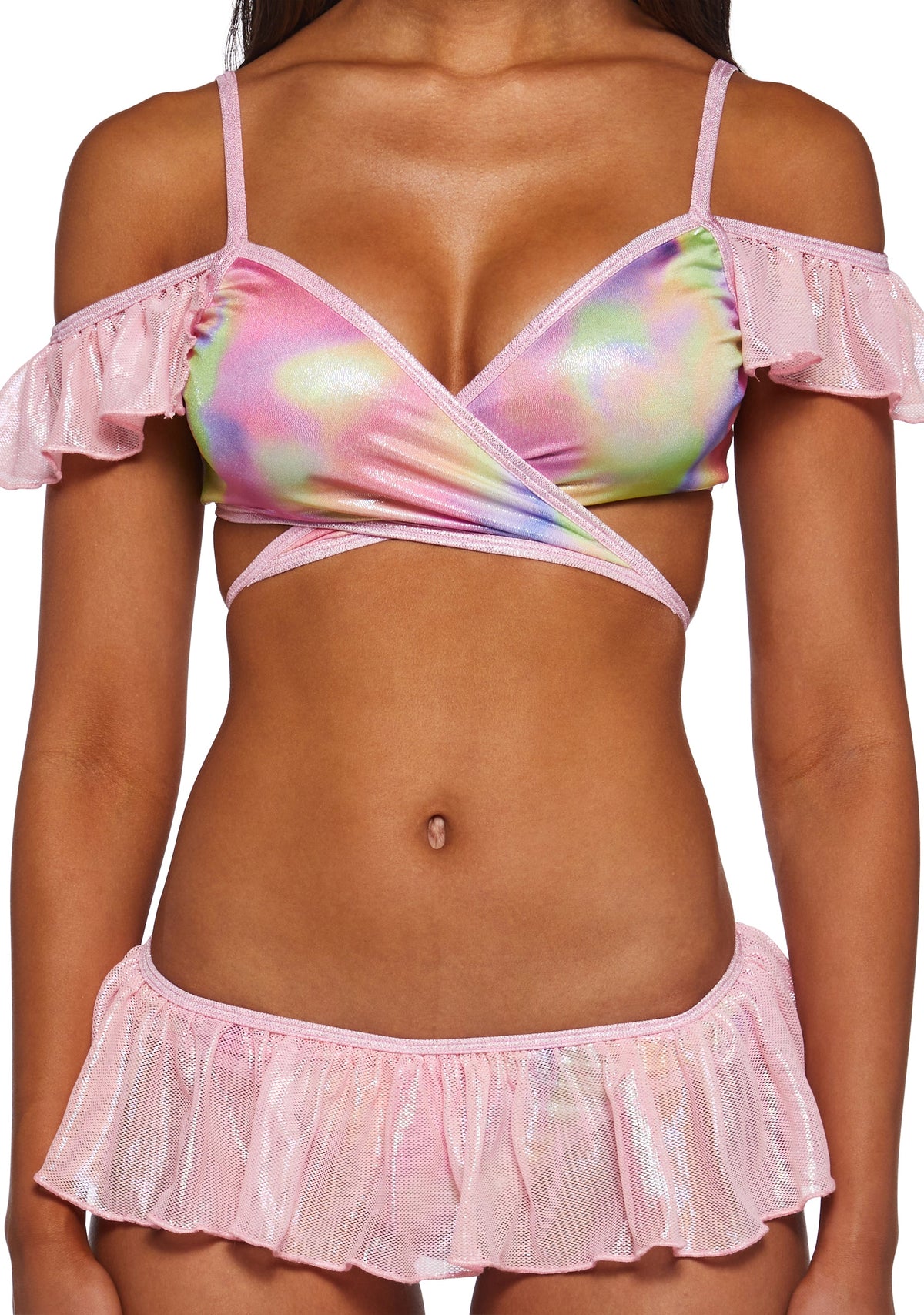 Metallic Coated Fishnet Bikini Set - Pink