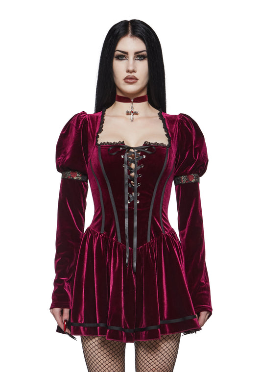 Valcourt Burgundy Velvet Corset Mini Dress
