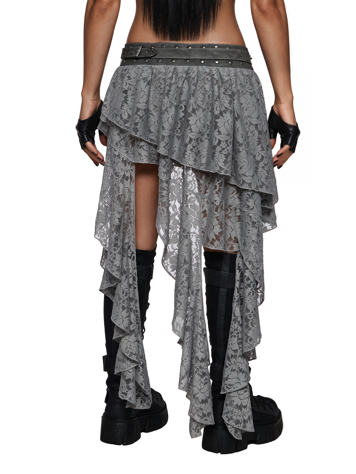 Slate Asymmetrical Lace Belt Ruffle Skirt - Gray
