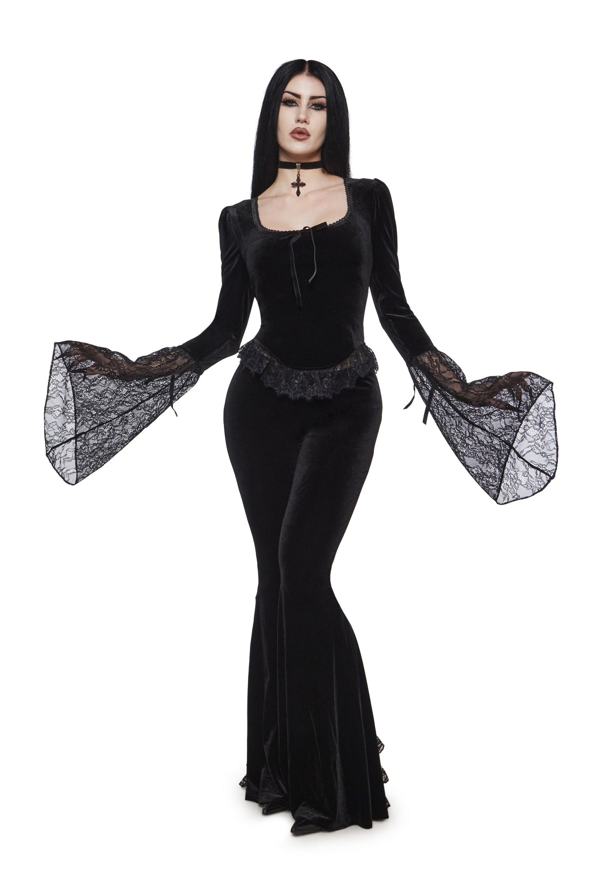 Full Vampire Velvet Long Sleeve Blouse - Black