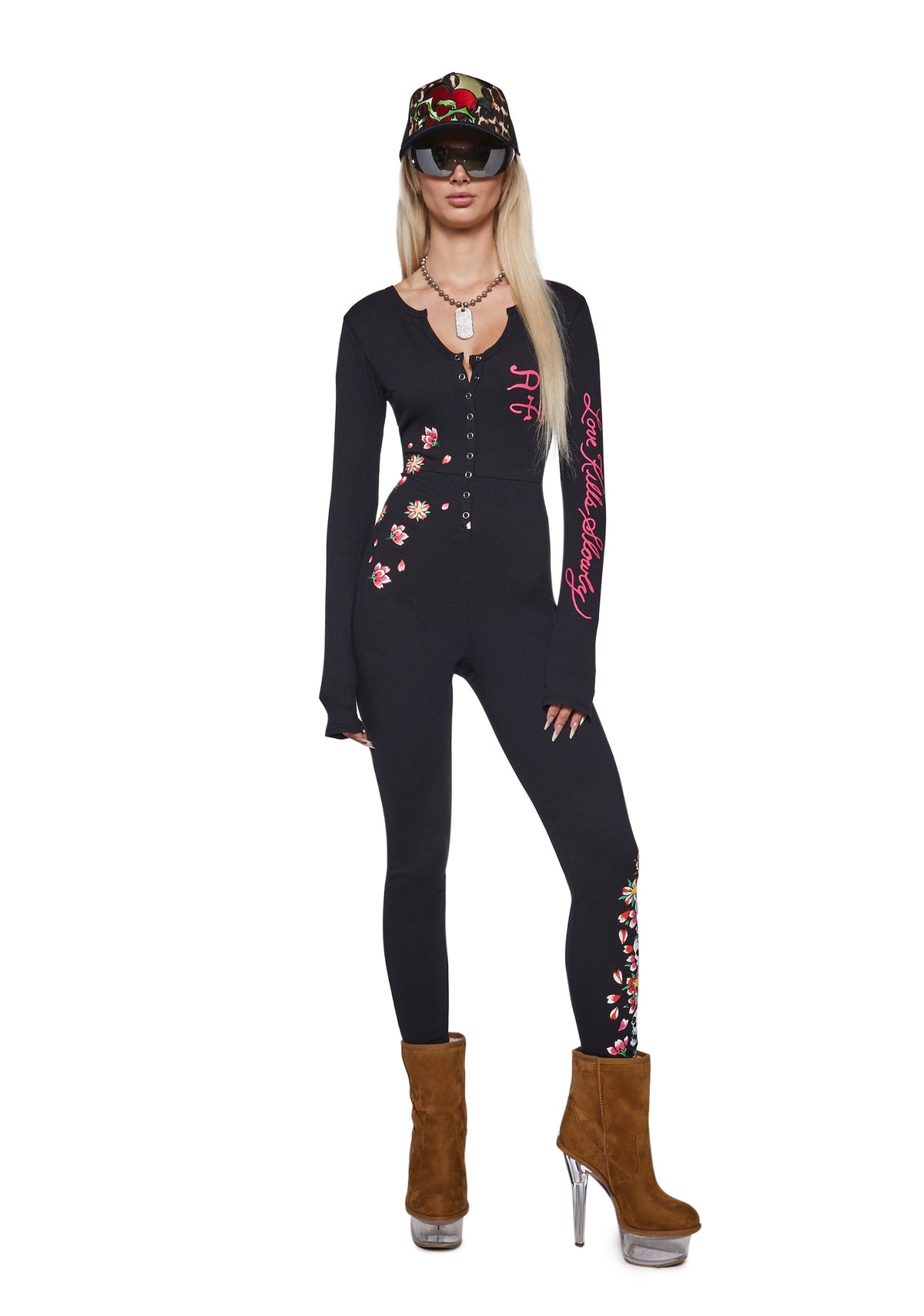 Flower Skull Long Sleeve PJ Onesie - Black