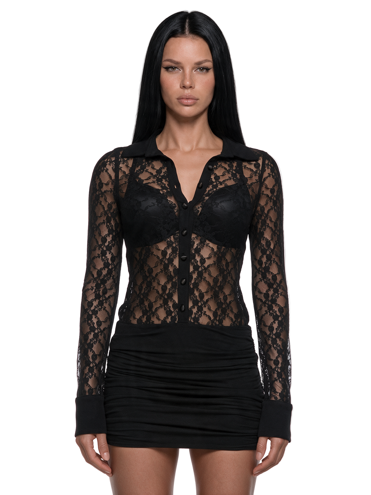 Blaire Button Up Lace Long Sleeve Mini Dress