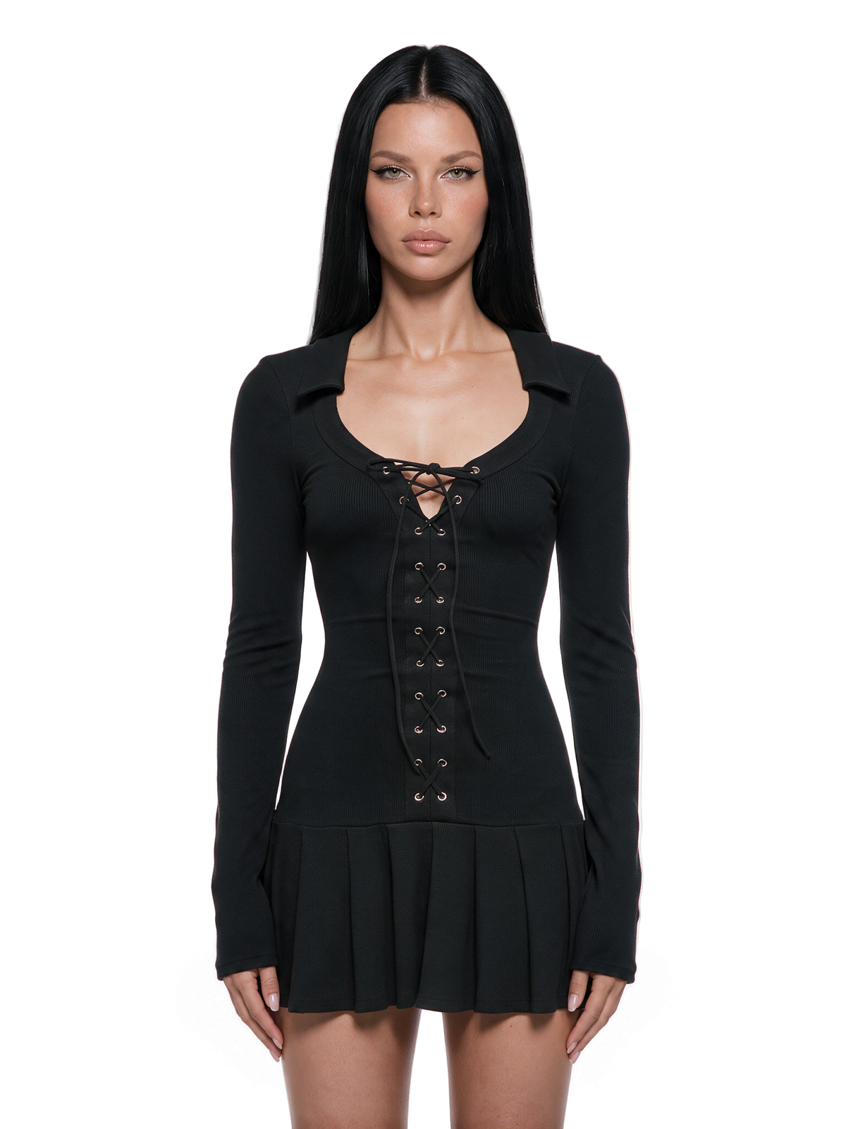 Static Lace Up Long Sleeve Mini Dress
