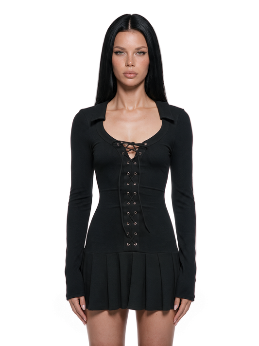 Static Lace Up Long Sleeve Mini Dress