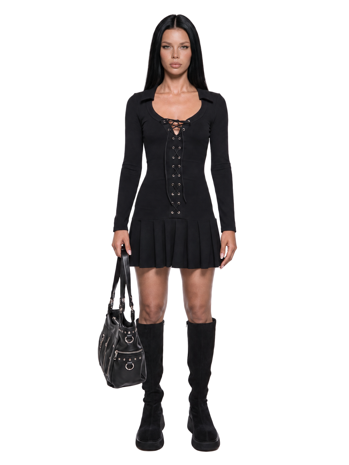 Static Lace Up Long Sleeve Mini Dress