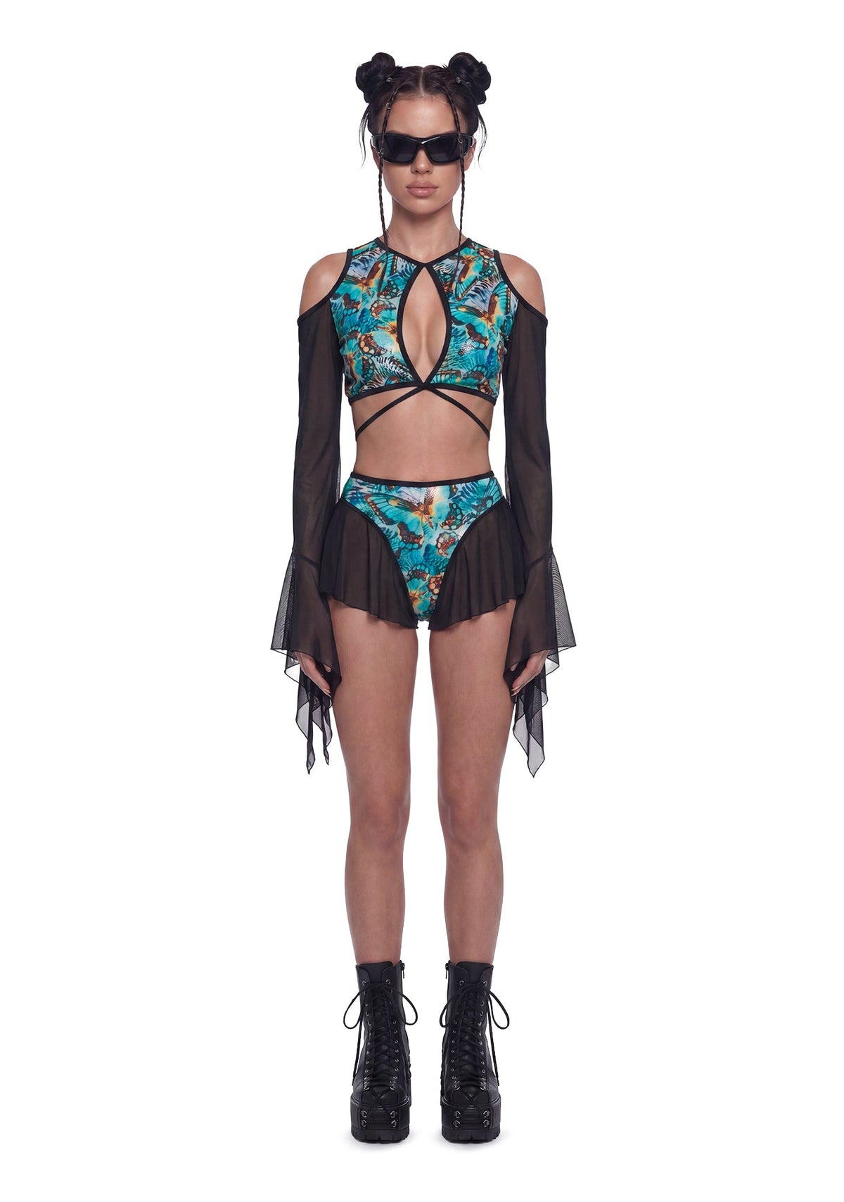 Butterfly Print Cut Out Top - Teal/Black