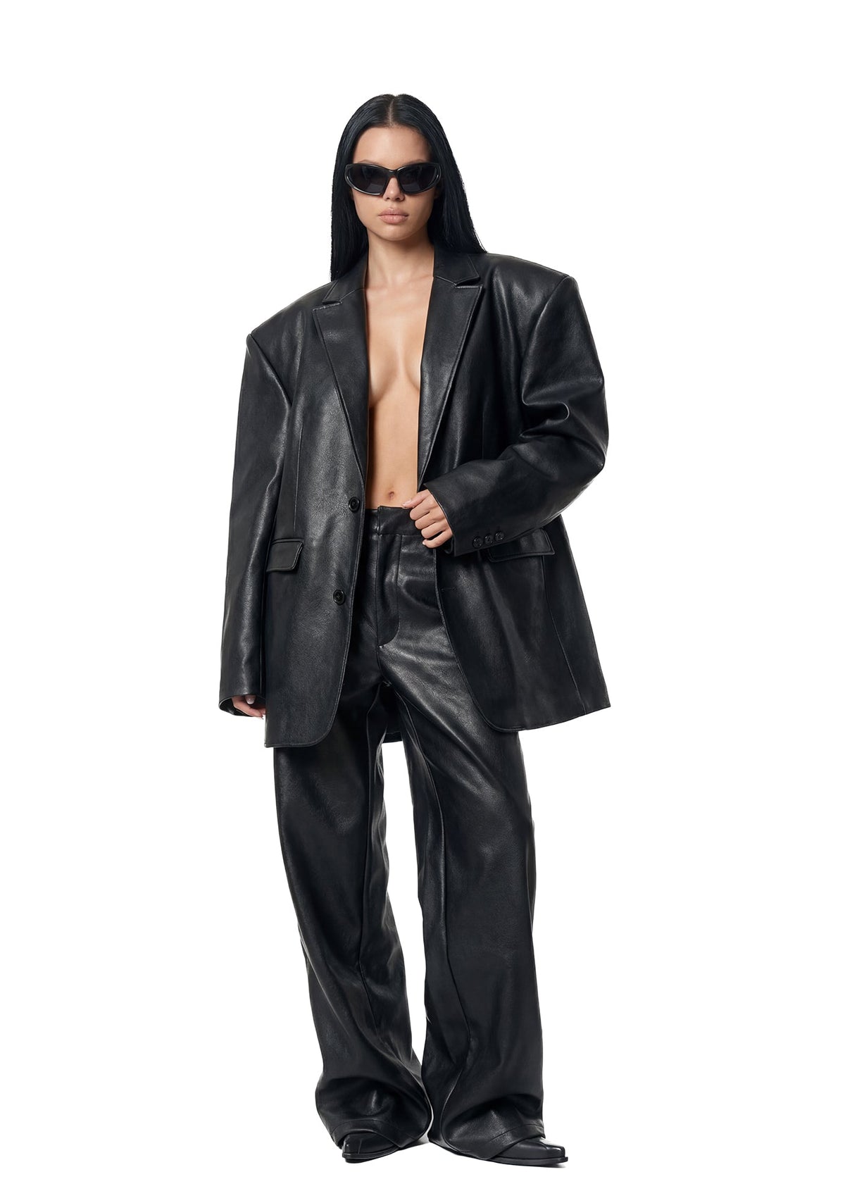 Leather Oversize Blazer - Black