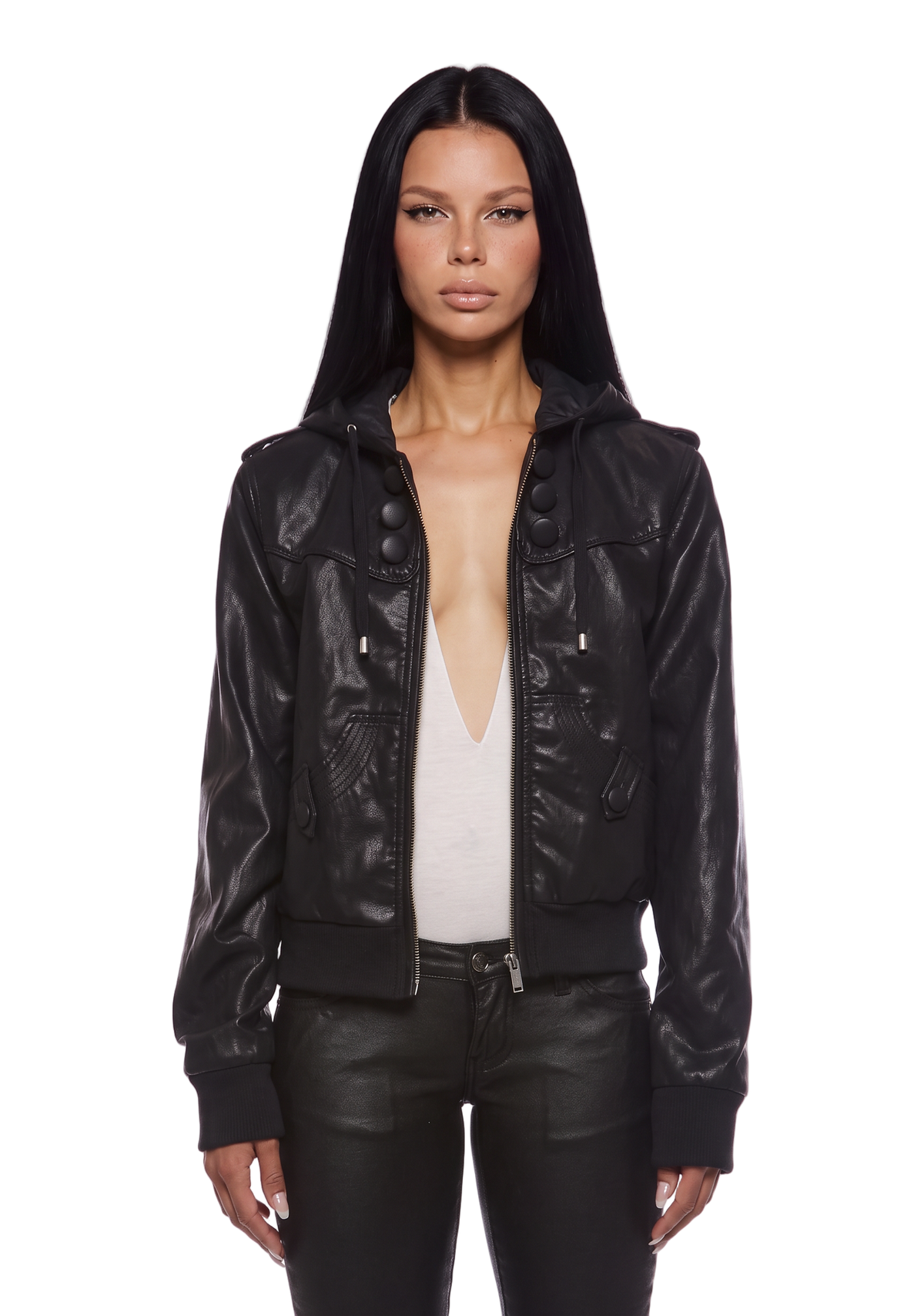 Military Leather Hooded Bomber