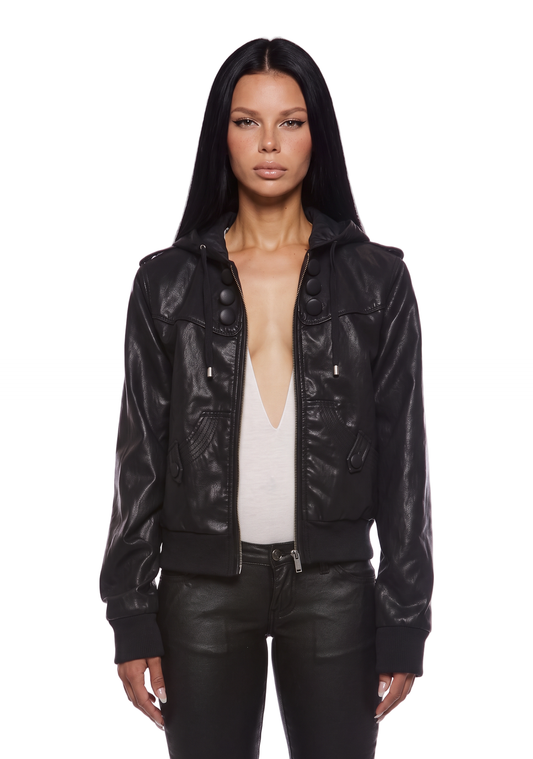 Military Leather Hooded Bomber