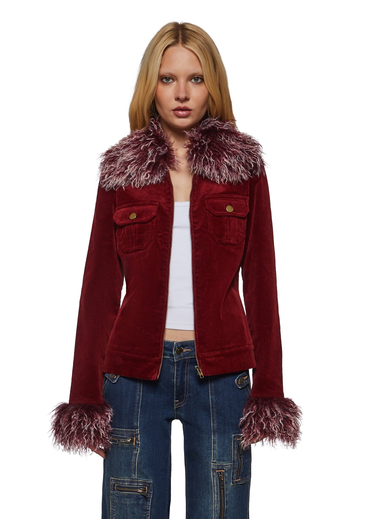 Cherry Corduroy Jacket with Faux Fur