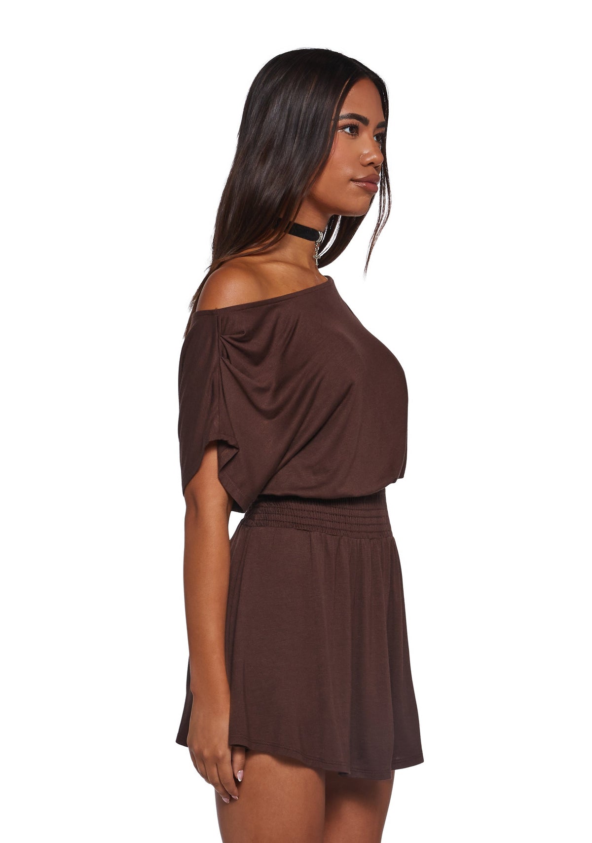 Crush Damage Off The Shoulder Dress - Brown