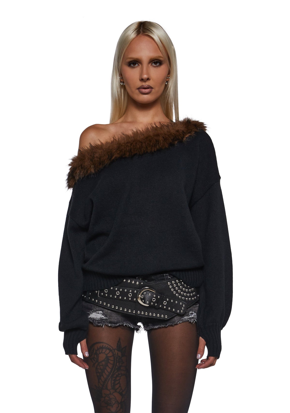 Ego Off The Shoulder Top With Faux Fur Trim